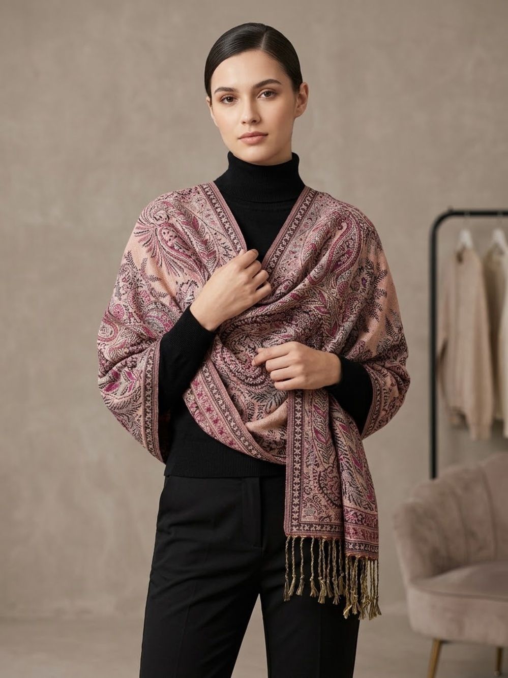 pashmina Pink Olive Paisley Woven Throw Scarf with Fringe